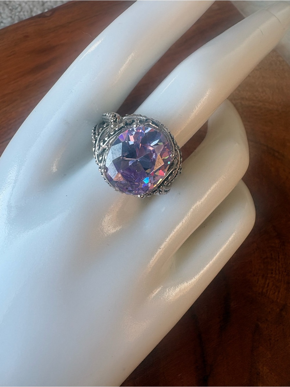 Vintage Gold Electroplated Ring with Large Iridescent Lavender Stone - Size 8.5